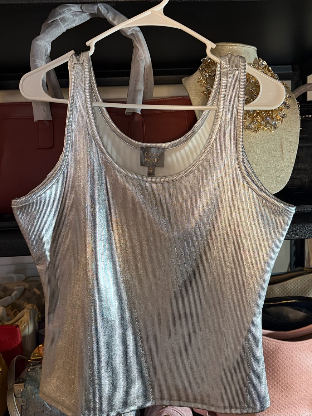Shimmer Knit Silver Scoop Tank Top by Pour La Nature